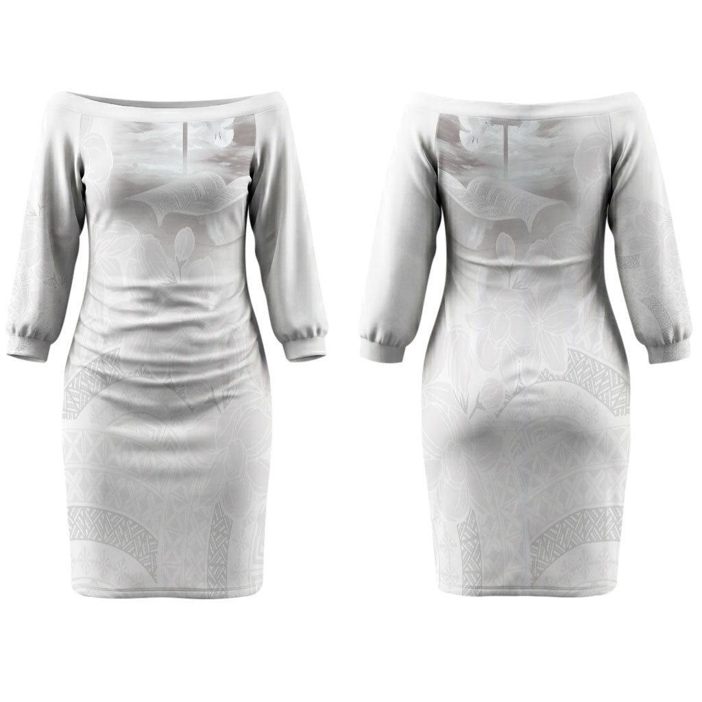 Niue White Sunday Tapu Fanau Couples Matching Off The Shoulder Long Sleeve Dress and Long Sleeve Button Shirt Fiti Pua Mix Hiapo Tapa