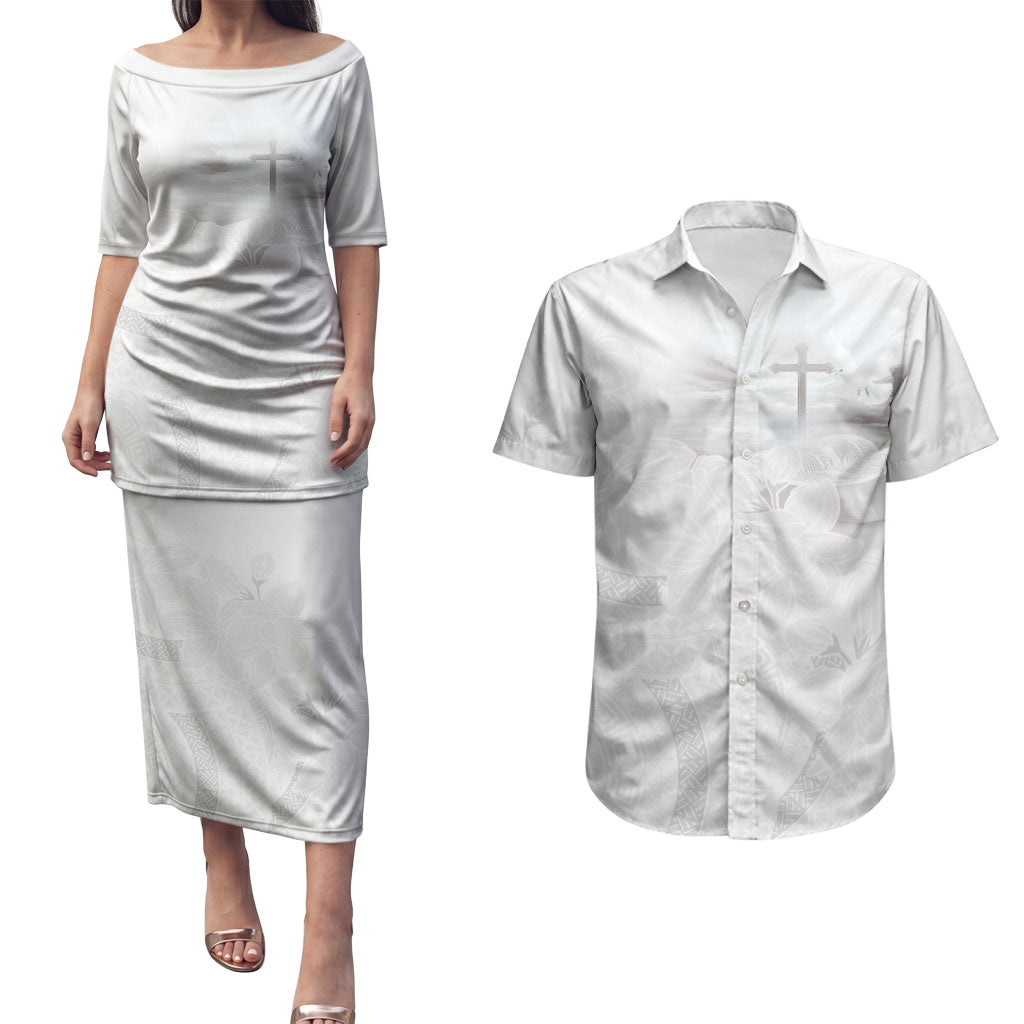 Niue White Sunday Tapu Fanau Couples Matching Puletasi and Hawaiian Shirt Fiti Pua Mix Hiapo Tapa