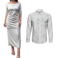 Niue White Sunday Tapu Fanau Couples Matching Puletasi and Long Sleeve Button Shirt Fiti Pua Mix Hiapo Tapa