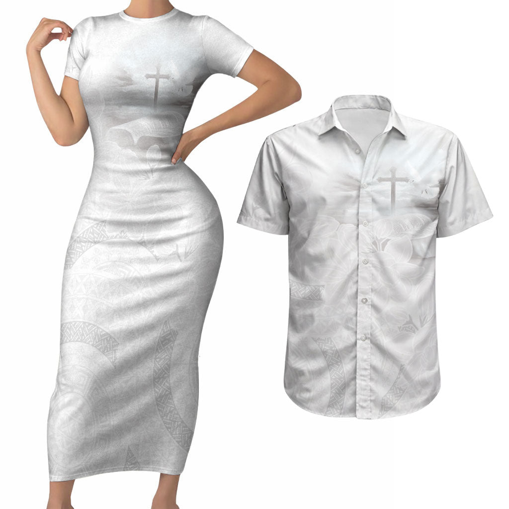 Niue White Sunday Tapu Fanau Couples Matching Short Sleeve Bodycon Dress and Hawaiian Shirt Fiti Pua Mix Hiapo Tapa