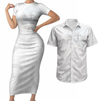 Niue White Sunday Tapu Fanau Couples Matching Short Sleeve Bodycon Dress and Hawaiian Shirt Fiti Pua Mix Hiapo Tapa