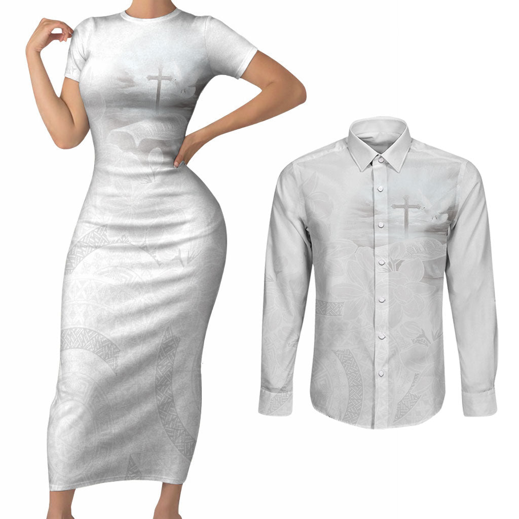 Niue White Sunday Tapu Fanau Couples Matching Short Sleeve Bodycon Dress and Long Sleeve Button Shirt Fiti Pua Mix Hiapo Tapa