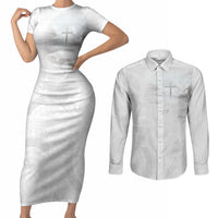 Niue White Sunday Tapu Fanau Couples Matching Short Sleeve Bodycon Dress and Long Sleeve Button Shirt Fiti Pua Mix Hiapo Tapa