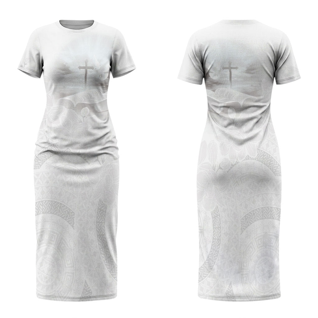 Niue White Sunday Tapu Fanau Couples Matching Short Sleeve Bodycon Dress and Long Sleeve Button Shirt Fiti Pua Mix Hiapo Tapa