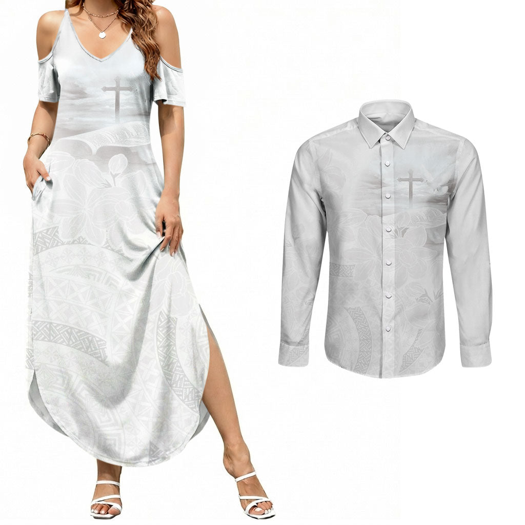 Niue White Sunday Tapu Fanau Couples Matching Summer Maxi Dress and Long Sleeve Button Shirt Fiti Pua Mix Hiapo Tapa
