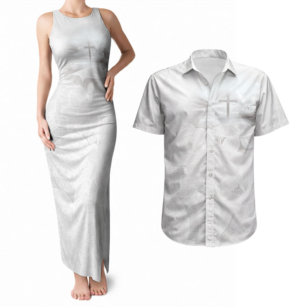 Niue White Sunday Tapu Fanau Couples Matching Tank Maxi Dress and Hawaiian Shirt Fiti Pua Mix Hiapo Tapa