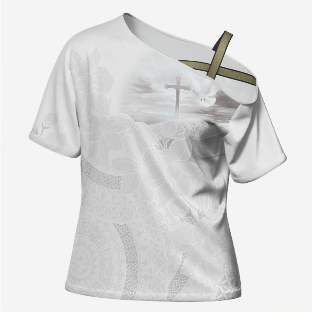 Niue White Sunday Tapu Fanau Cross Shoulder Shirt Fiti Pua Mix Hiapo Tapa