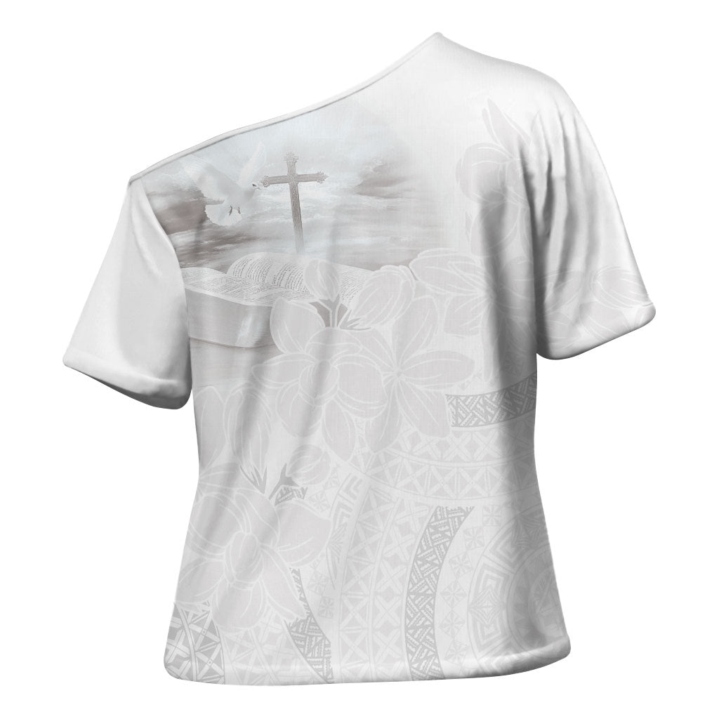 Niue White Sunday Tapu Fanau Cross Shoulder Shirt Fiti Pua Mix Hiapo Tapa