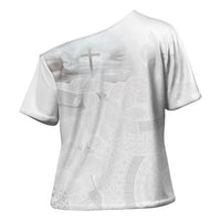 Niue White Sunday Tapu Fanau Cross Shoulder Shirt Fiti Pua Mix Hiapo Tapa