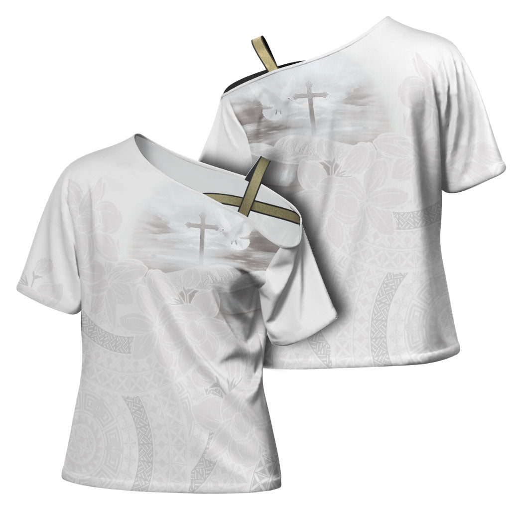 Niue White Sunday Tapu Fanau Cross Shoulder Shirt Fiti Pua Mix Hiapo Tapa