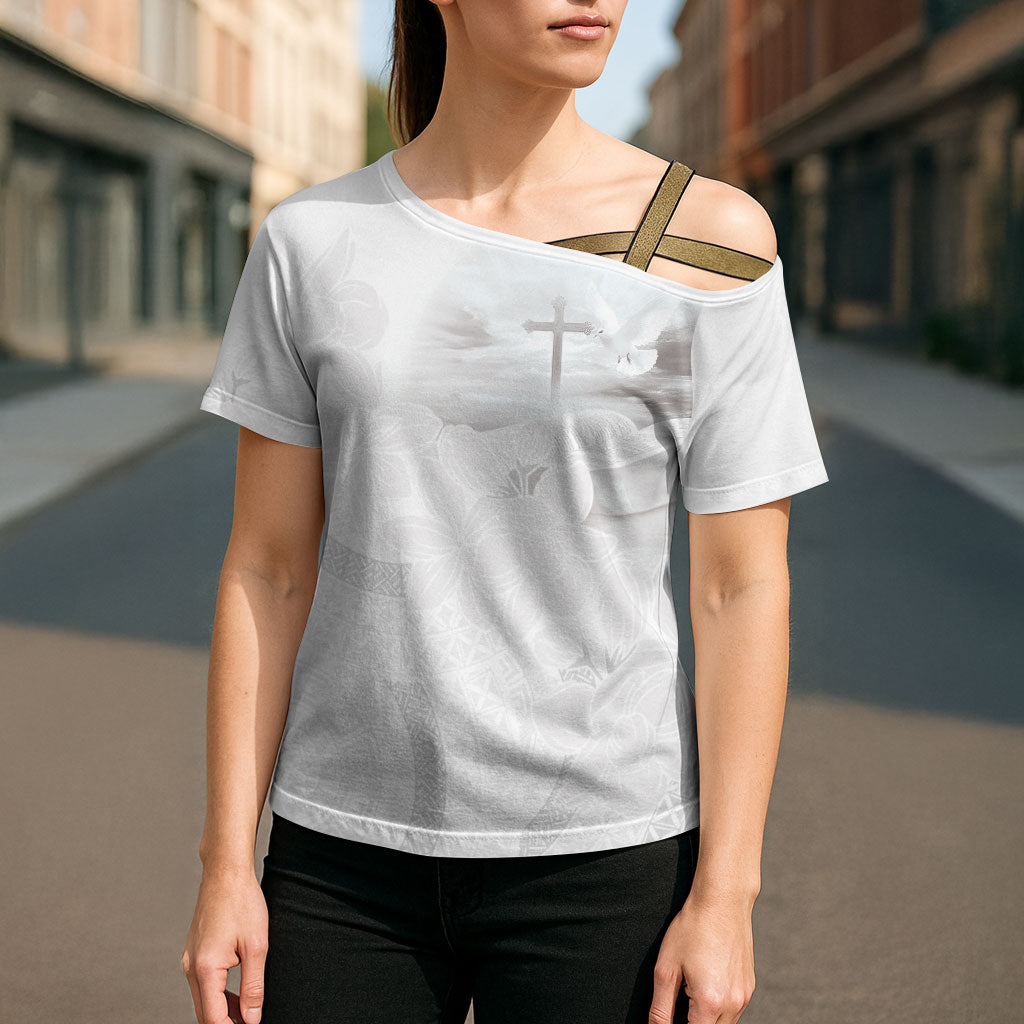 Niue White Sunday Tapu Fanau Cross Shoulder Shirt Fiti Pua Mix Hiapo Tapa