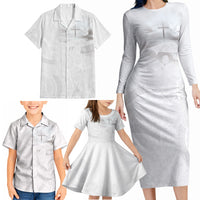 Niue White Sunday Tapu Fanau Family Matching Long Sleeve Bodycon Dress and Hawaiian Shirt Fiti Pua Mix Hiapo Tapa