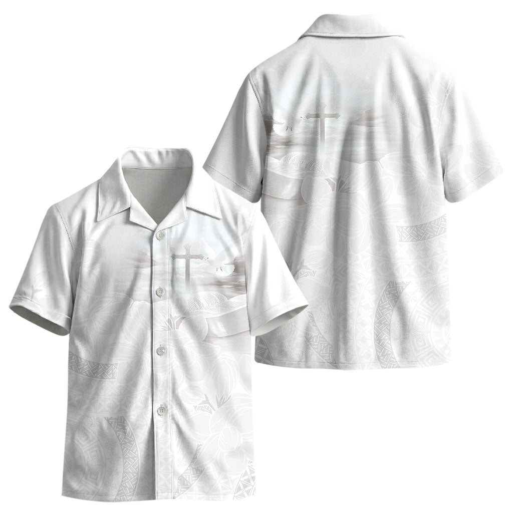 Niue White Sunday Tapu Fanau Kid Hawaiian Shirt Fiti Pua Mix Hiapo Tapa