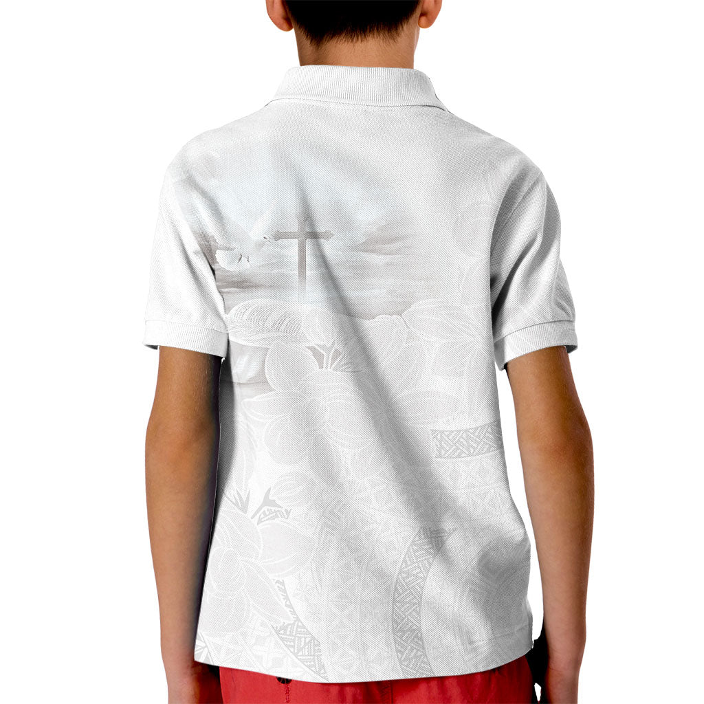 Niue White Sunday Tapu Fanau Kid Polo Shirt Fiti Pua Mix Hiapo Tapa