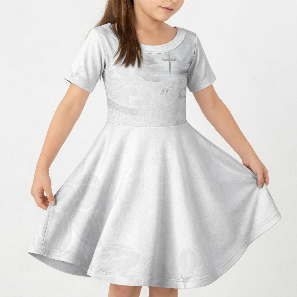 Niue White Sunday Tapu Fanau Kid Short Sleeve Dress Fiti Pua Mix Hiapo Tapa