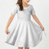 Niue White Sunday Tapu Fanau Kid Short Sleeve Dress Fiti Pua Mix Hiapo Tapa