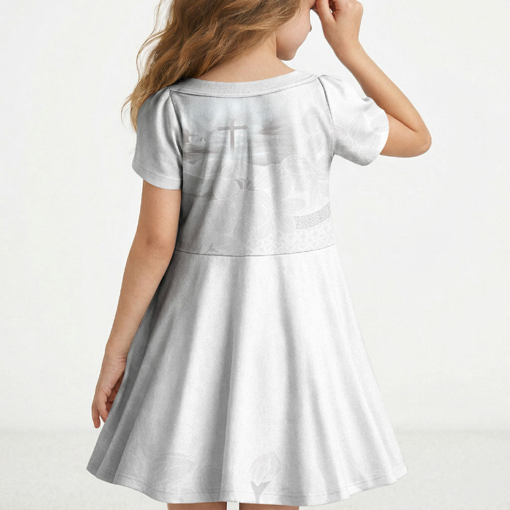 Niue White Sunday Tapu Fanau Kid Short Sleeve Dress Fiti Pua Mix Hiapo Tapa