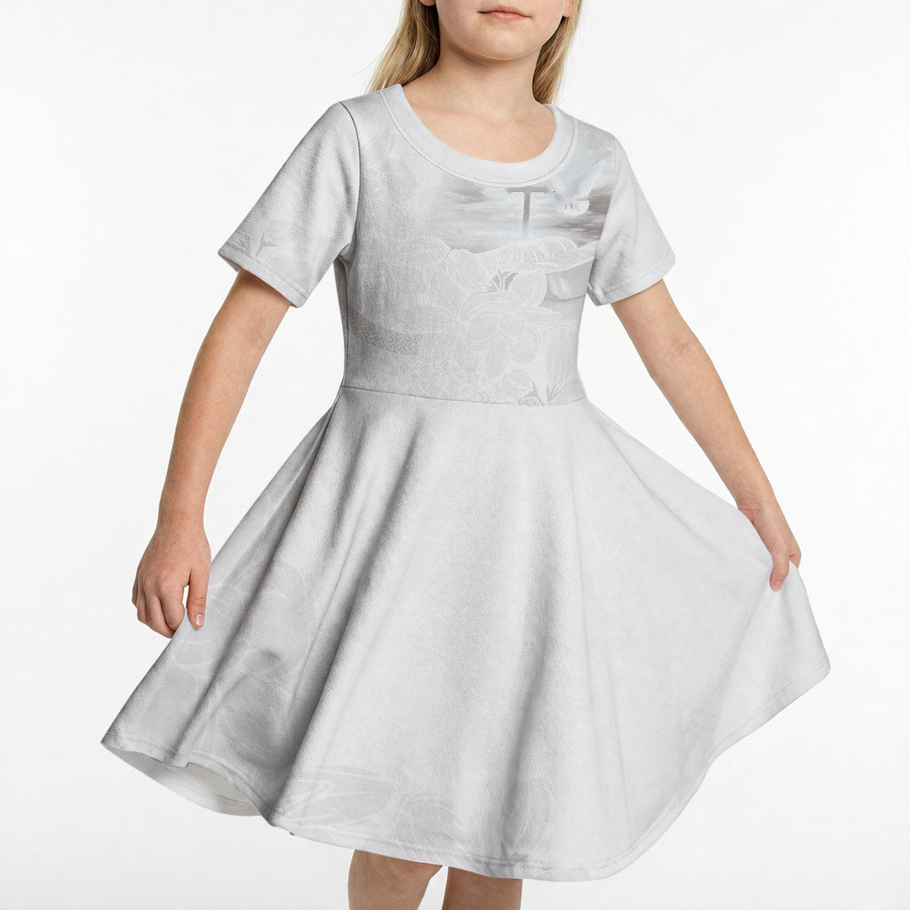 Niue White Sunday Tapu Fanau Kid Short Sleeve Dress Fiti Pua Mix Hiapo Tapa