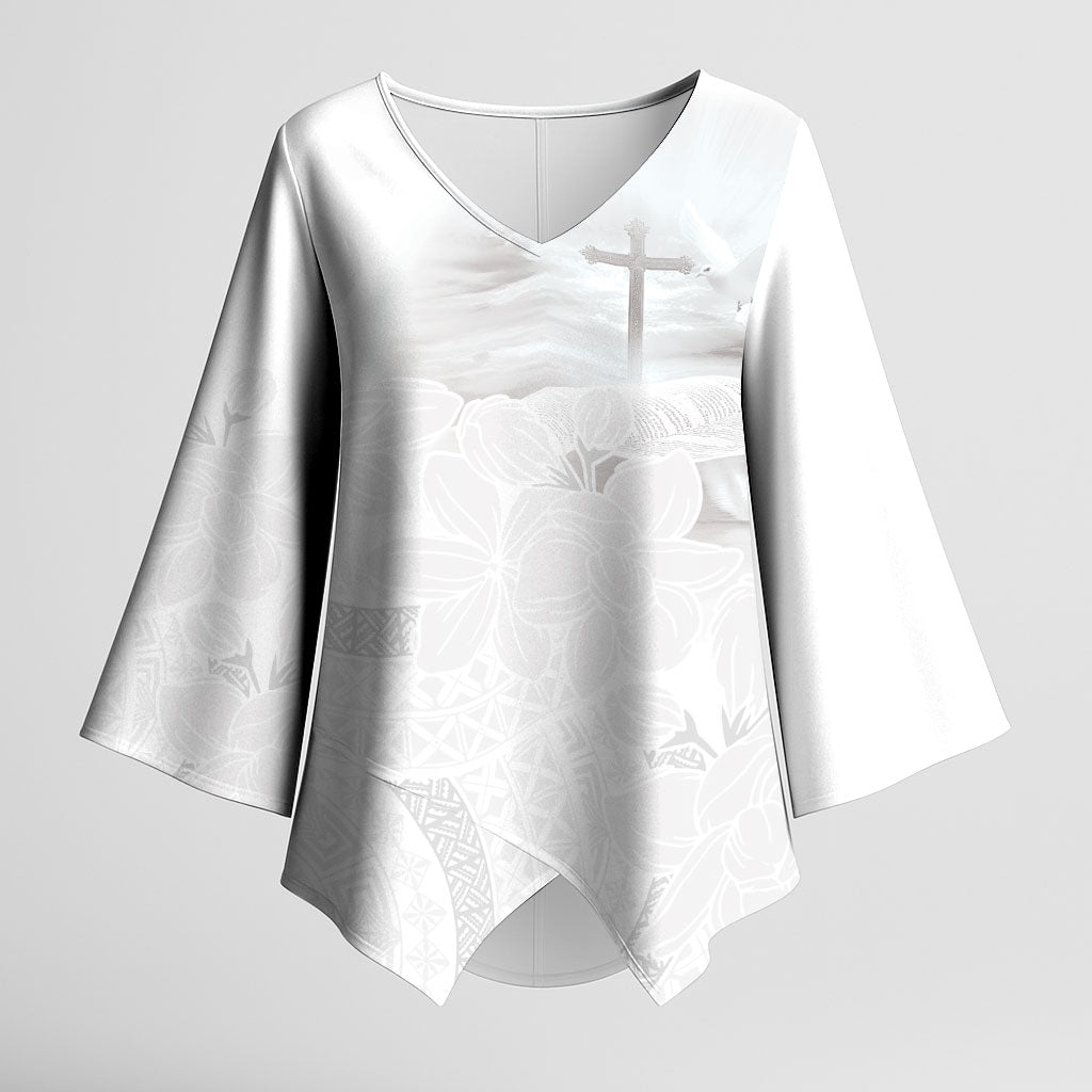 Niue White Sunday Tapu Fanau Kimono Sleeve Blouse Fiti Pua Mix Hiapo Tapa