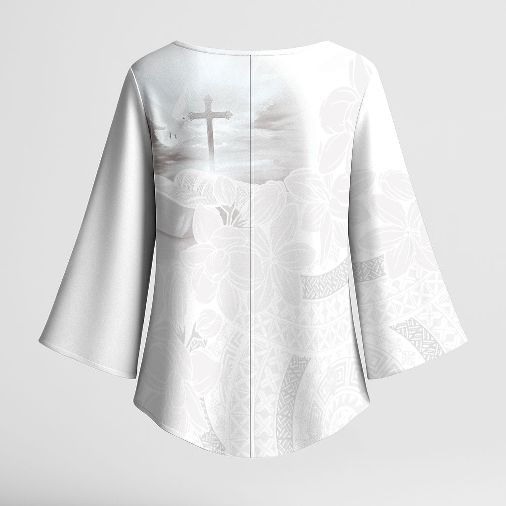 Niue White Sunday Tapu Fanau Kimono Sleeve Blouse Fiti Pua Mix Hiapo Tapa