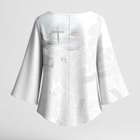 Niue White Sunday Tapu Fanau Kimono Sleeve Blouse Fiti Pua Mix Hiapo Tapa