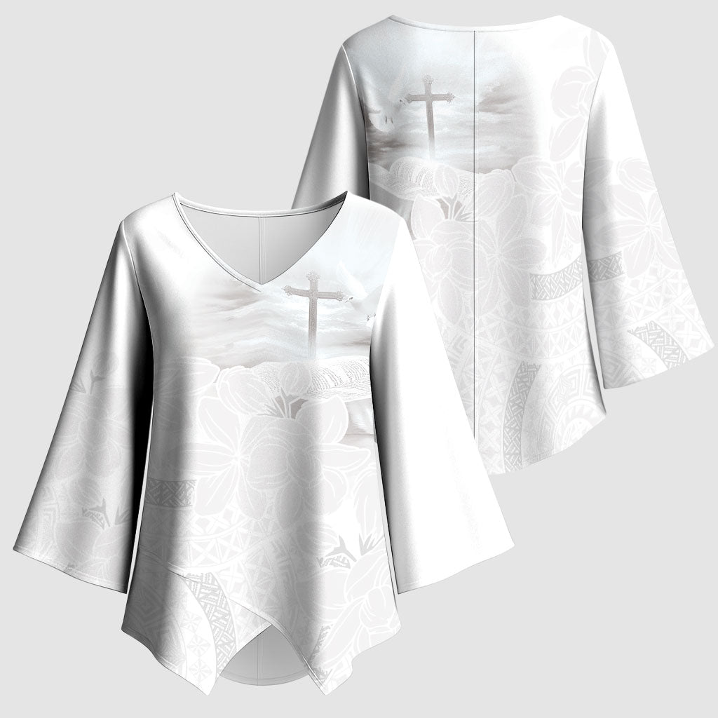 Niue White Sunday Tapu Fanau Kimono Sleeve Blouse Fiti Pua Mix Hiapo Tapa