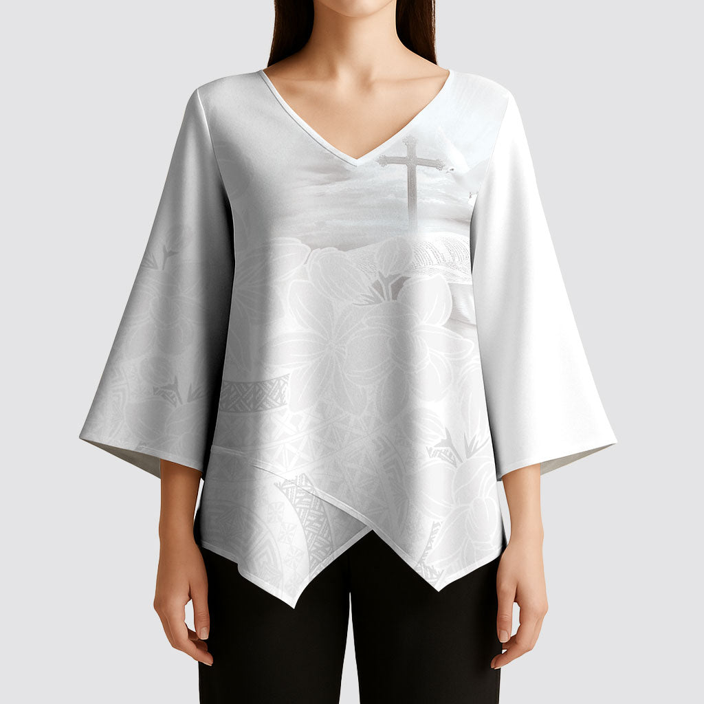 Niue White Sunday Tapu Fanau Kimono Sleeve Blouse Fiti Pua Mix Hiapo Tapa