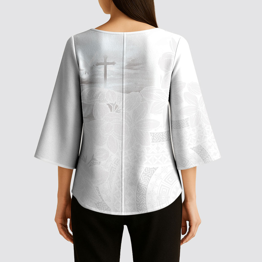 Niue White Sunday Tapu Fanau Kimono Sleeve Blouse Fiti Pua Mix Hiapo Tapa