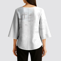 Niue White Sunday Tapu Fanau Kimono Sleeve Blouse Fiti Pua Mix Hiapo Tapa