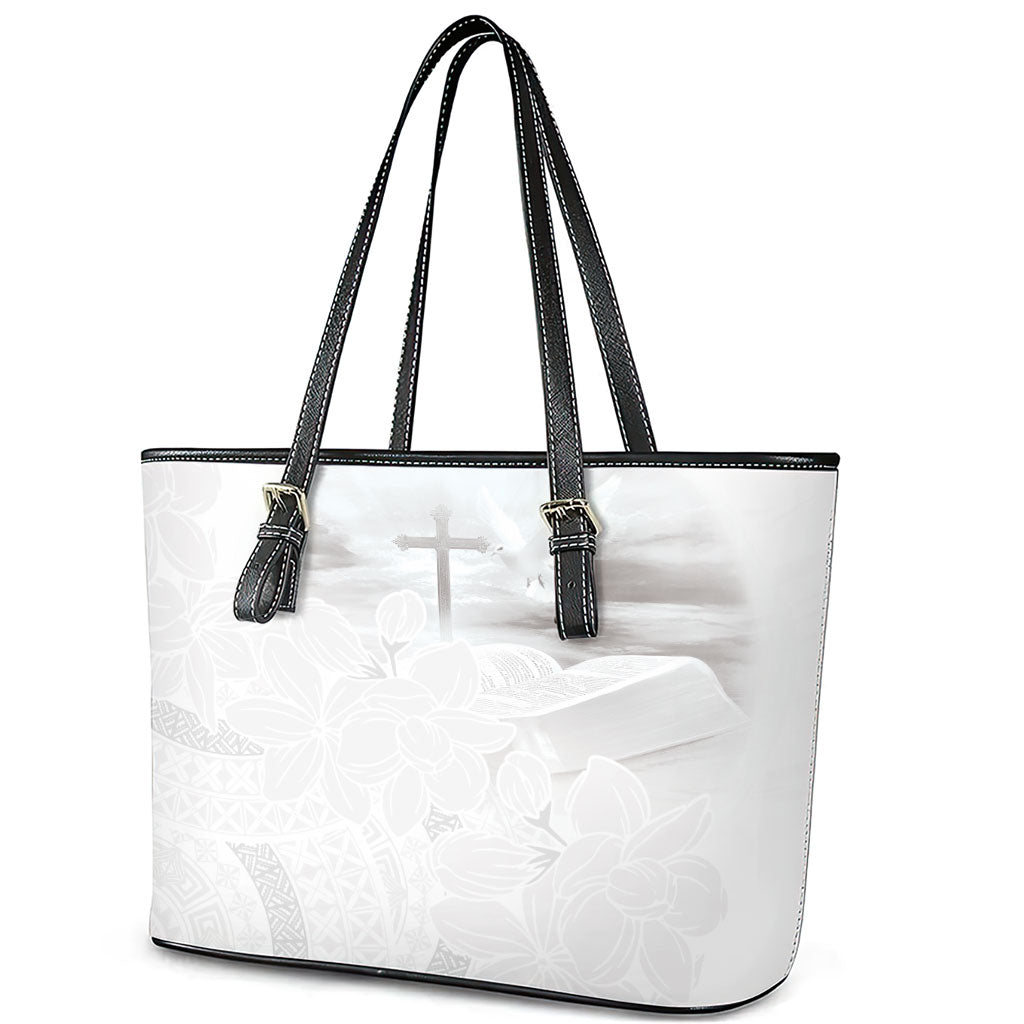 Niue White Sunday Tapu Fanau Leather Tote Bag Fiti Pua Mix Hiapo Tapa