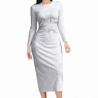 Niue White Sunday Tapu Fanau Long Sleeve Bodycon Dress Fiti Pua Mix Hiapo Tapa