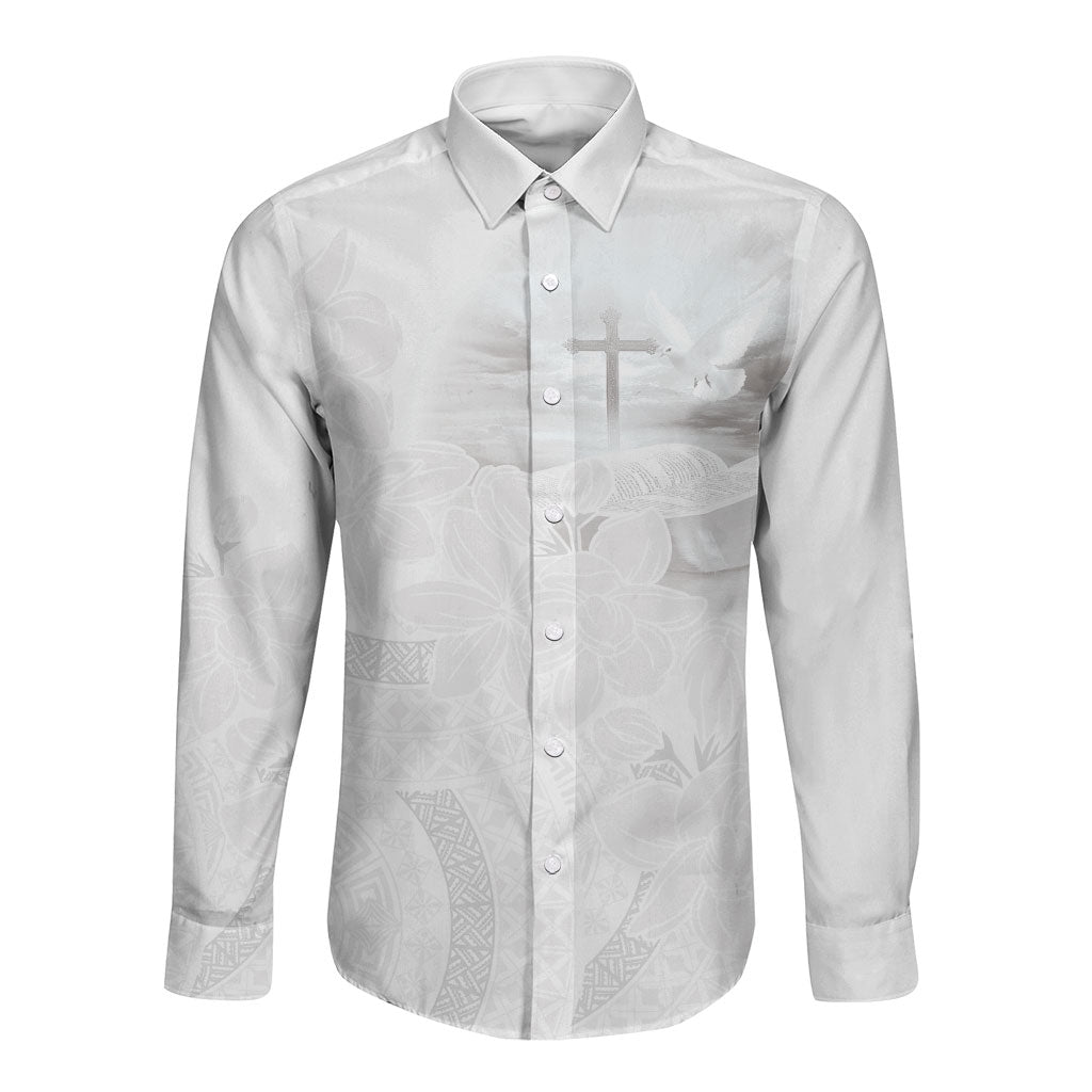Niue White Sunday Tapu Fanau Long Sleeve Button Shirt Fiti Pua Mix Hiapo Tapa