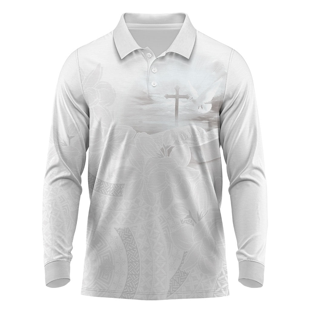 Niue White Sunday Tapu Fanau Long Sleeve Polo Shirt Fiti Pua Mix Hiapo Tapa