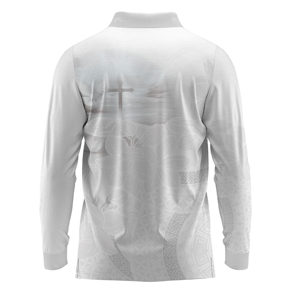 Niue White Sunday Tapu Fanau Long Sleeve Polo Shirt Fiti Pua Mix Hiapo Tapa