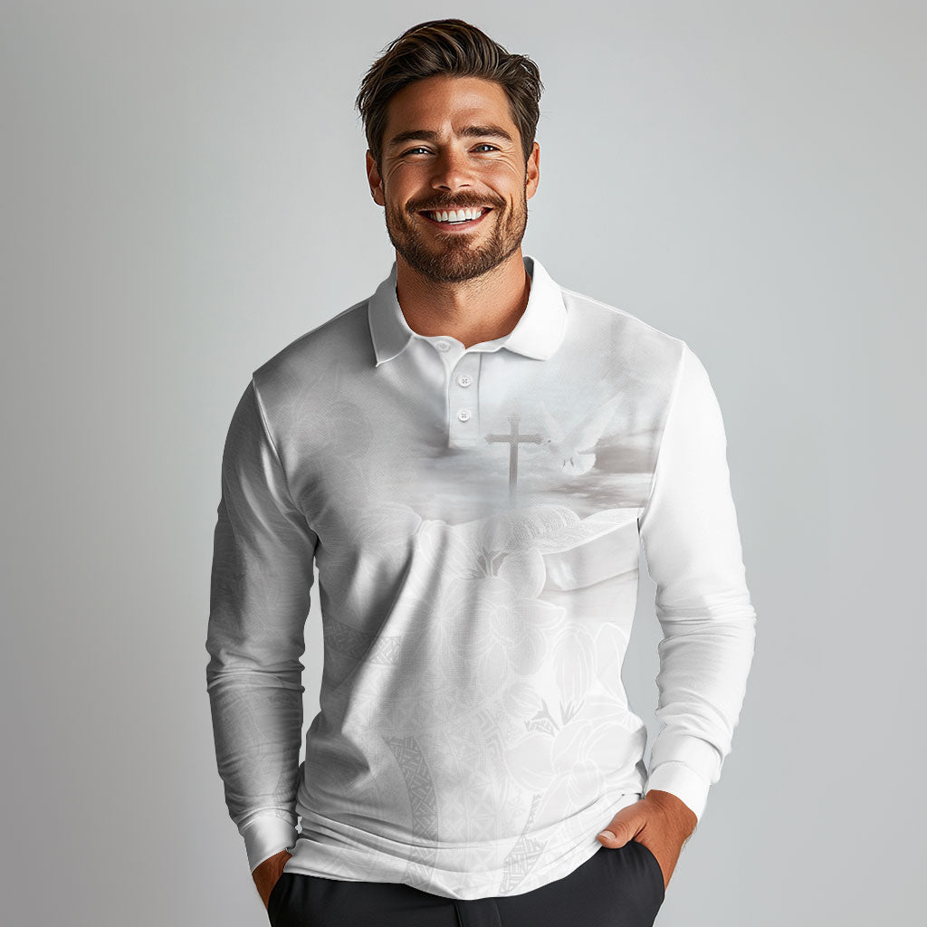 Niue White Sunday Tapu Fanau Long Sleeve Polo Shirt Fiti Pua Mix Hiapo Tapa