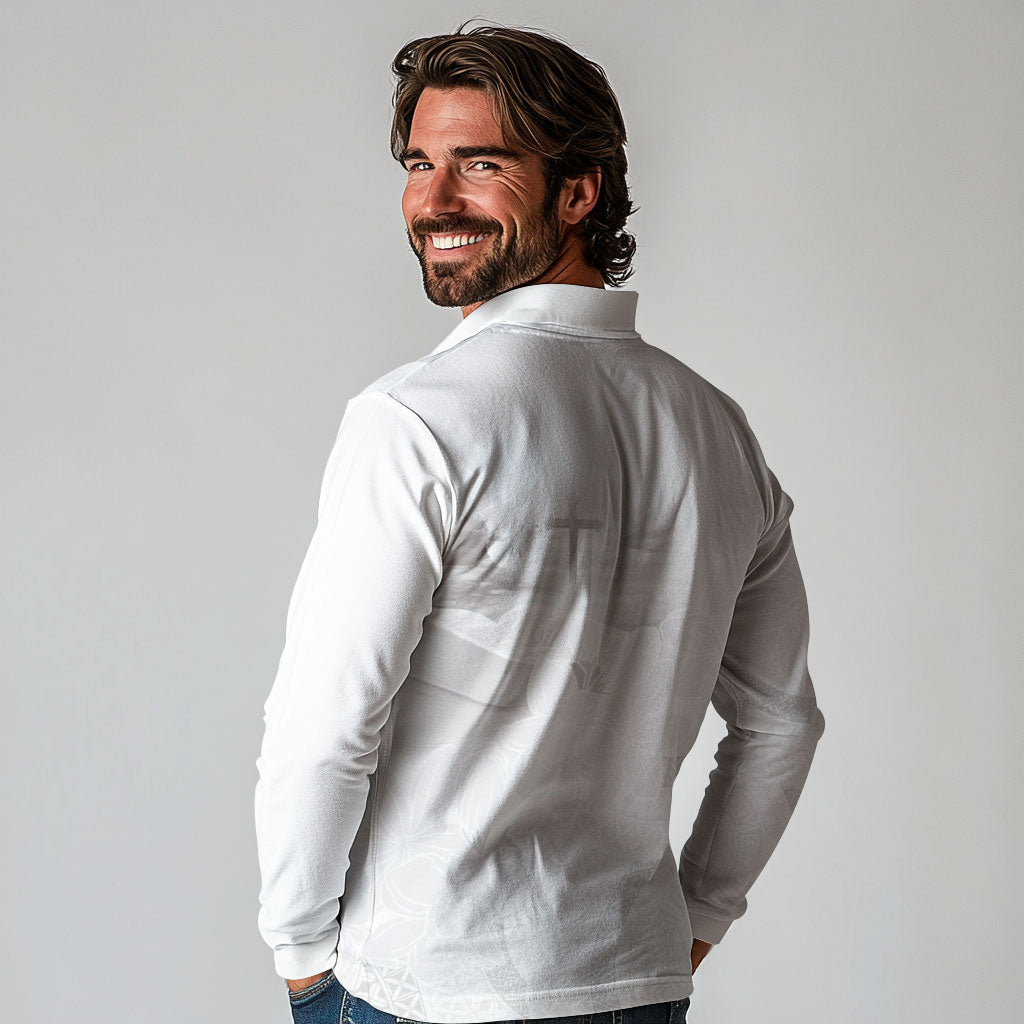 Niue White Sunday Tapu Fanau Long Sleeve Polo Shirt Fiti Pua Mix Hiapo Tapa