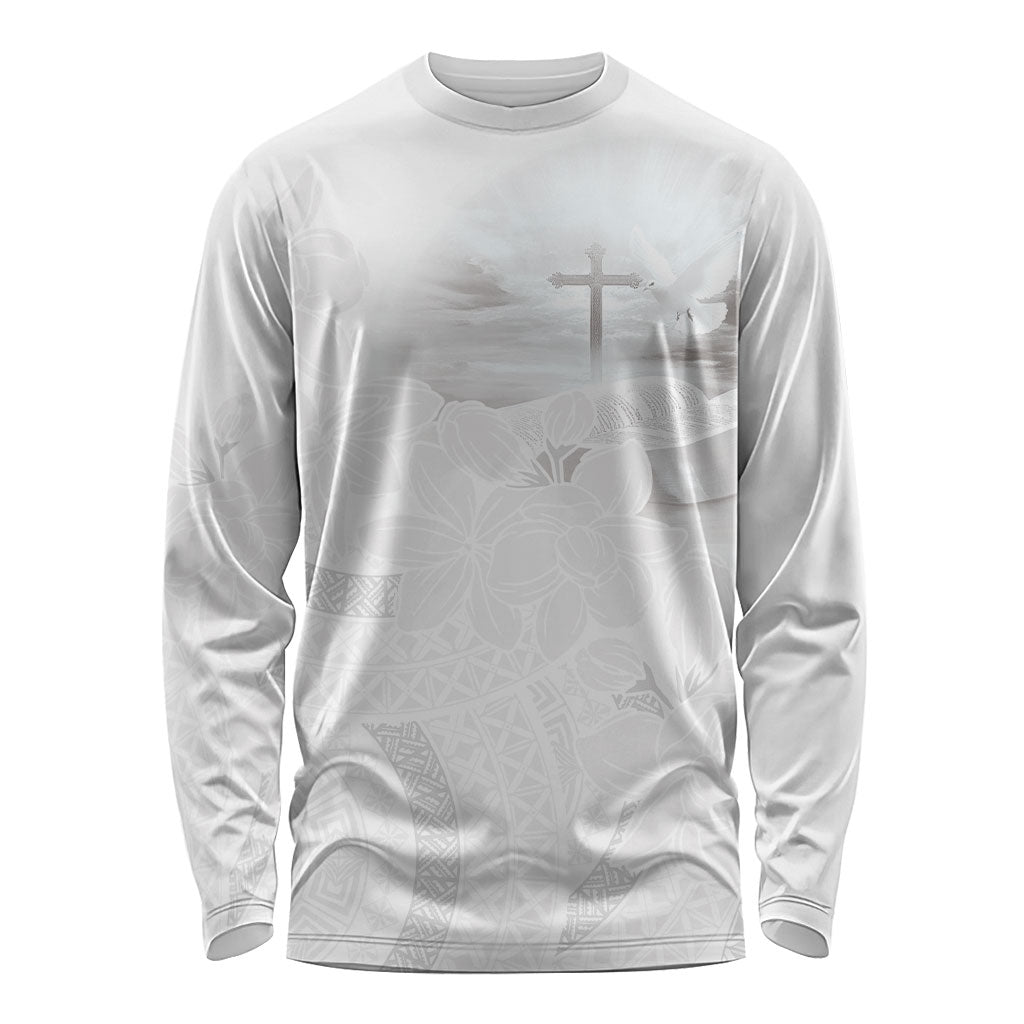 Niue White Sunday Tapu Fanau Long Sleeve Shirt Fiti Pua Mix Hiapo Tapa