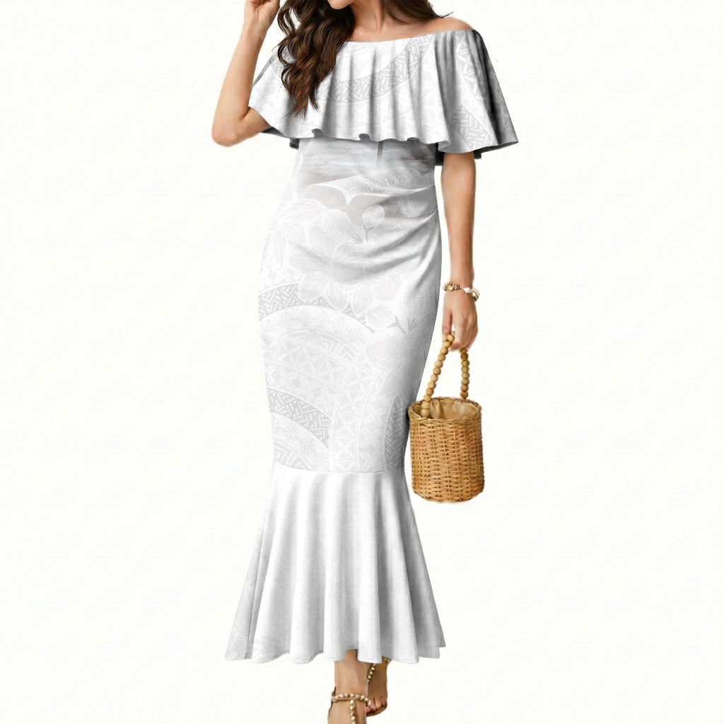 Niue White Sunday Tapu Fanau Mermaid Dress Fiti Pua Mix Hiapo Tapa