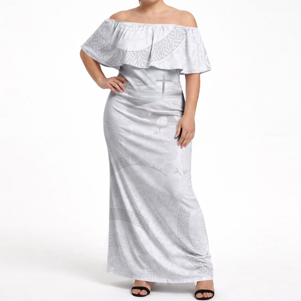 Niue White Sunday Tapu Fanau Off Shoulder Maxi Dress Fiti Pua Mix Hiapo Tapa