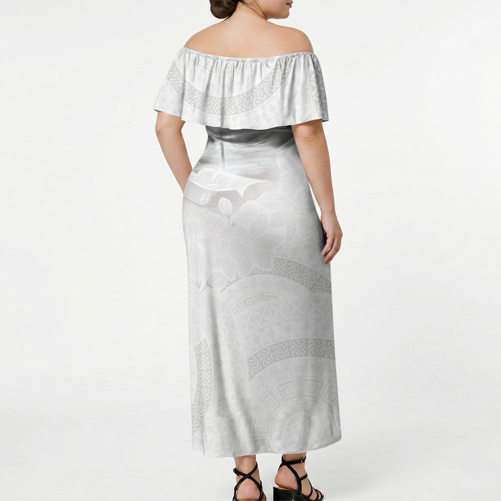 Niue White Sunday Tapu Fanau Off Shoulder Maxi Dress Fiti Pua Mix Hiapo Tapa