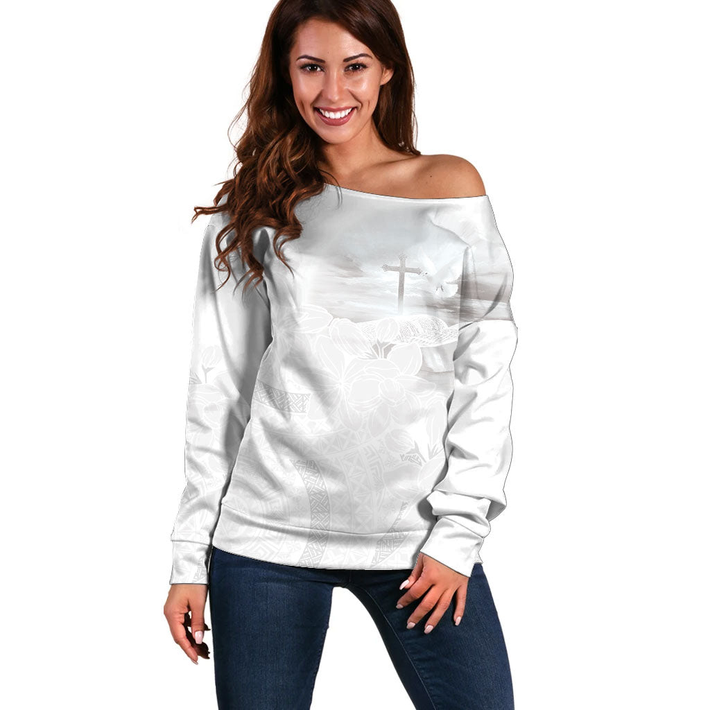 Niue White Sunday Tapu Fanau Off Shoulder Sweater Fiti Pua Mix Hiapo Tapa