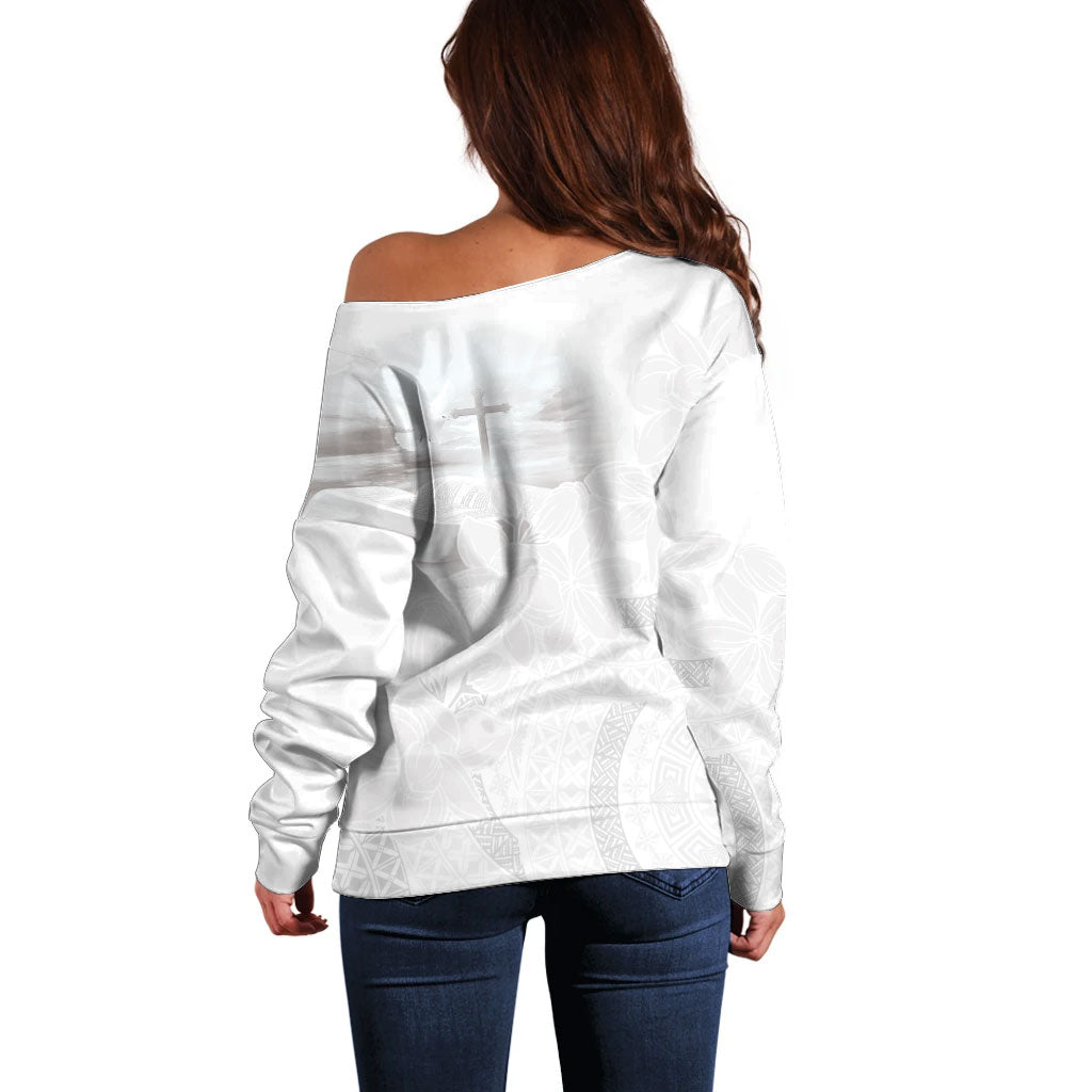 Niue White Sunday Tapu Fanau Off Shoulder Sweater Fiti Pua Mix Hiapo Tapa