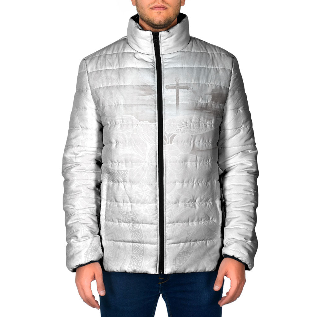 Niue White Sunday Tapu Fanau Padded Jacket Fiti Pua Mix Hiapo Tapa