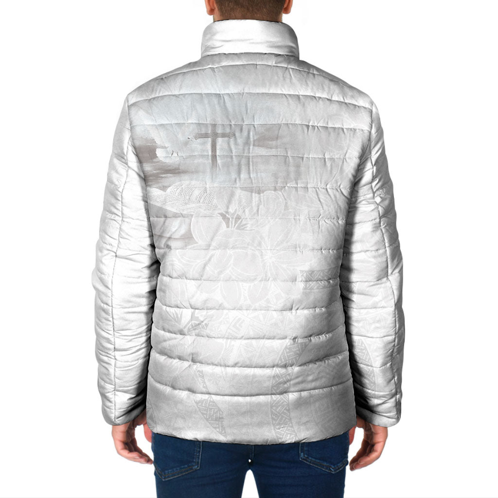 Niue White Sunday Tapu Fanau Padded Jacket Fiti Pua Mix Hiapo Tapa