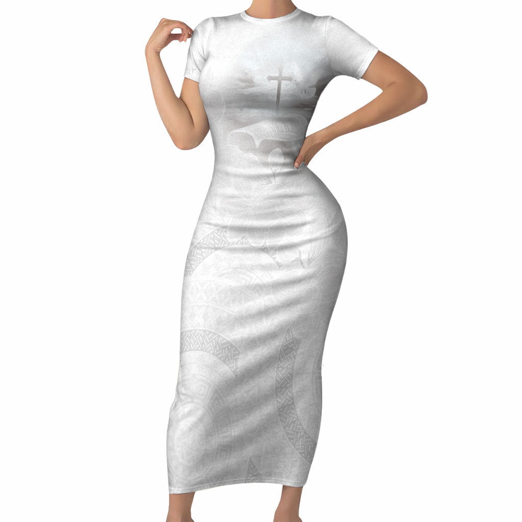 Niue White Sunday Tapu Fanau Short Sleeve Bodycon Dress Fiti Pua Mix Hiapo Tapa