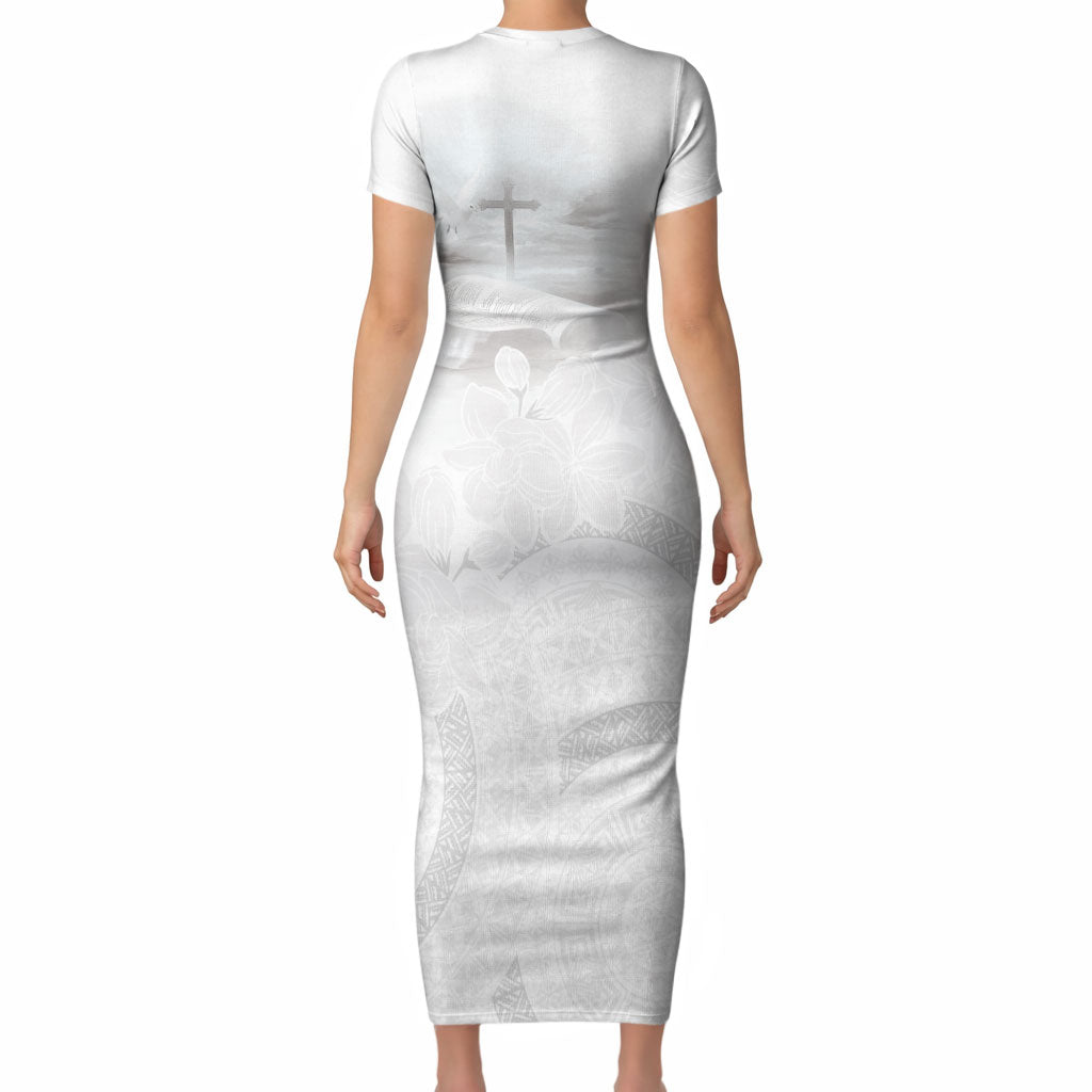 Niue White Sunday Tapu Fanau Short Sleeve Bodycon Dress Fiti Pua Mix Hiapo Tapa