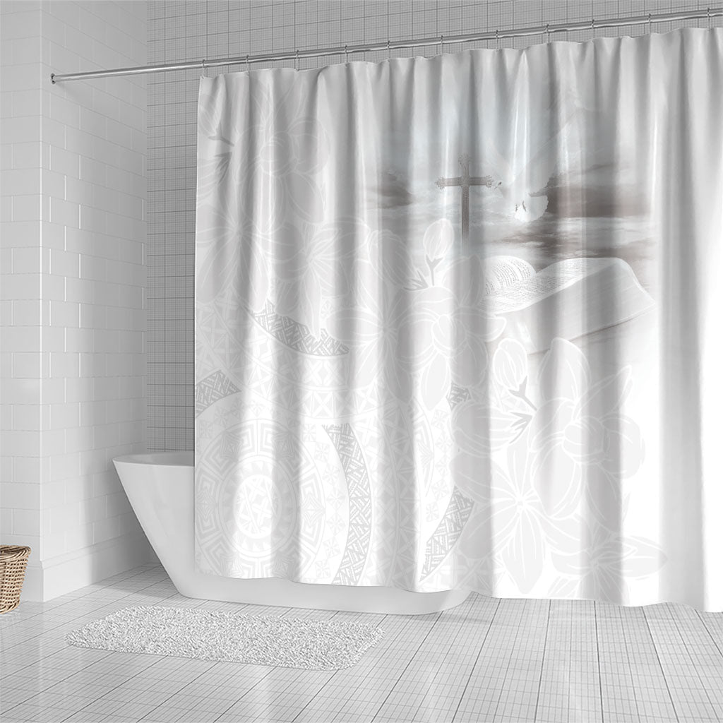 Niue White Sunday Tapu Fanau Shower Curtain Fiti Pua Mix Hiapo Tapa