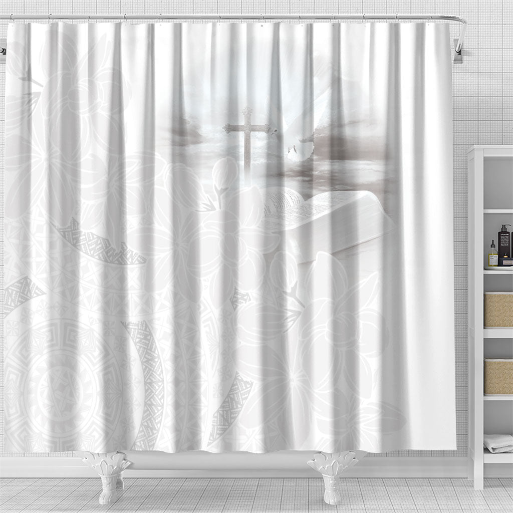 Niue White Sunday Tapu Fanau Shower Curtain Fiti Pua Mix Hiapo Tapa