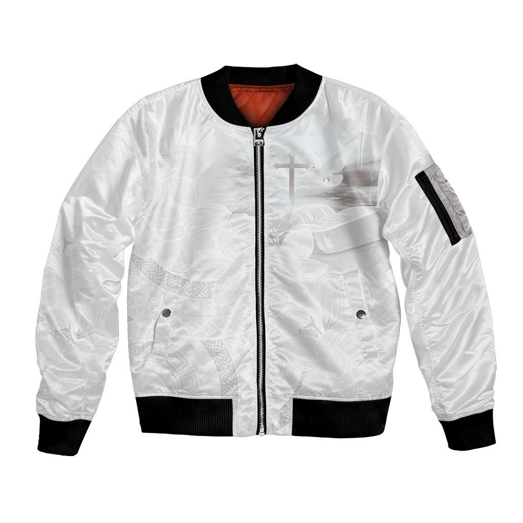 Niue White Sunday Tapu Fanau Sleeve Zip Bomber Jacket Fiti Pua Mix Hiapo Tapa