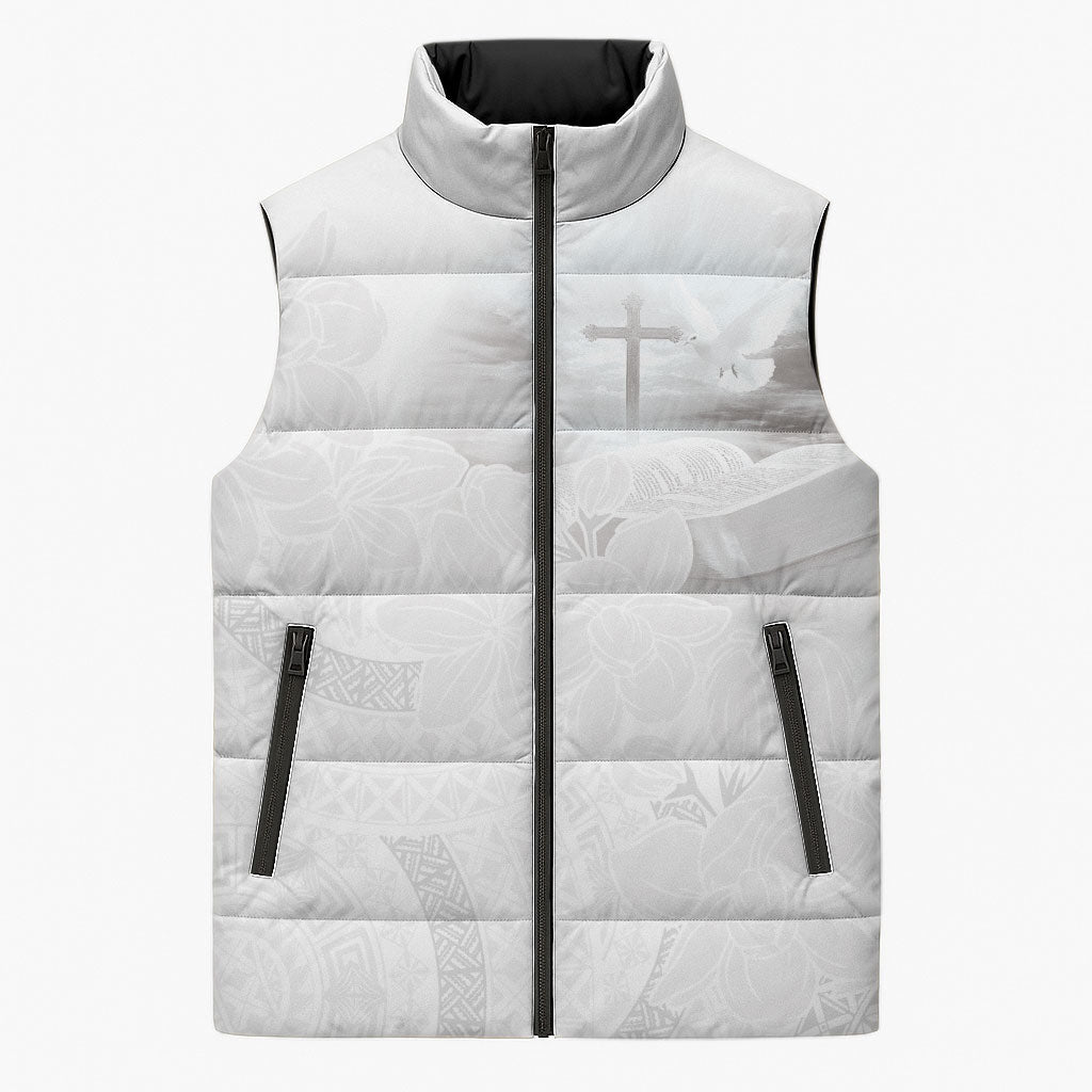 Niue White Sunday Tapu Fanau Sleeveless Puffer Jacket Fiti Pua Mix Hiapo Tapa